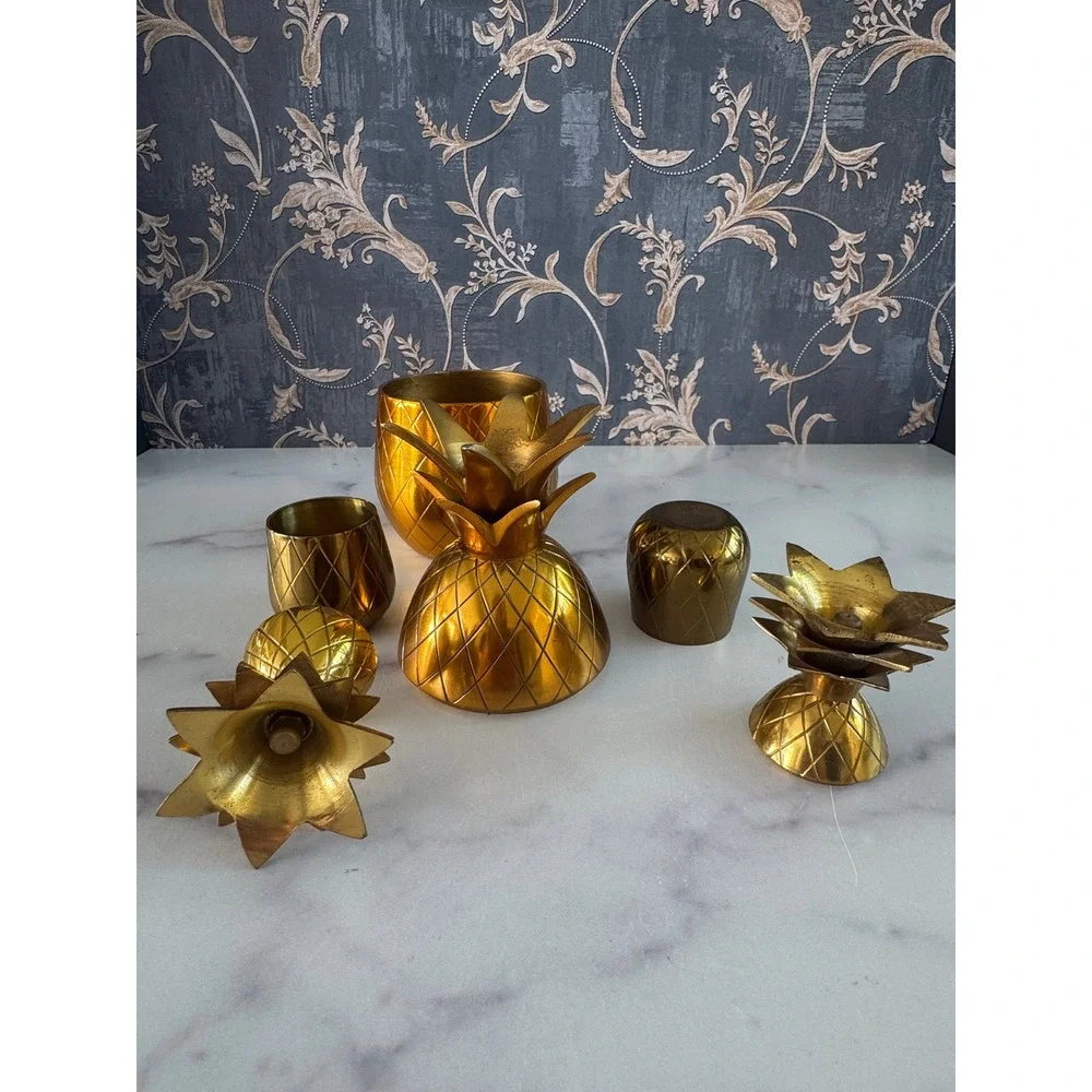 Vintage Brass Pineapple Set 3pc Hollywood Regency/Tiki Gold Barware Decor 7
